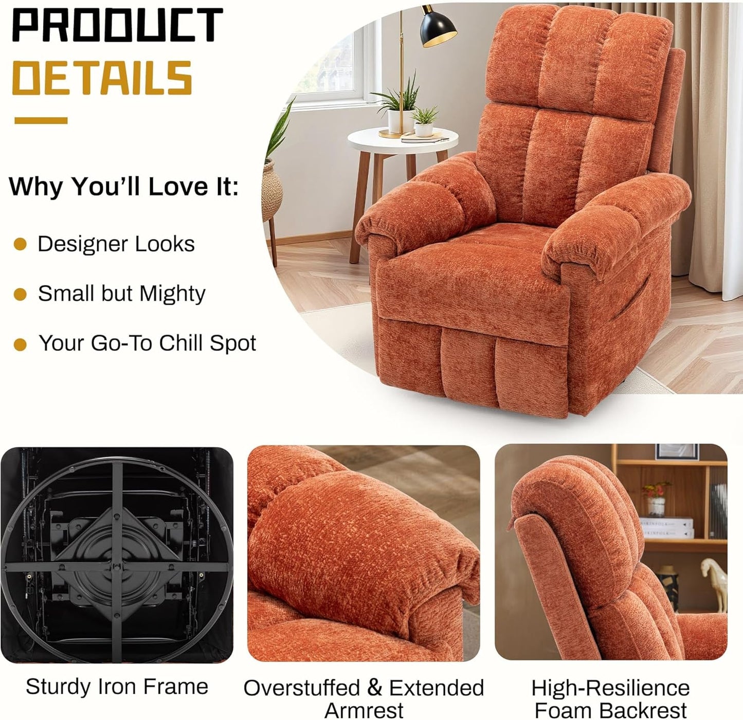 Korser Recliner Chair, Swivel Rocker Recliner Chair for Adults, Small Recliners for Small Spaces, Upholstered Manual Recliner with Side Pockets, Nursery Rocking Chair for Living Room, Chenille, Beige