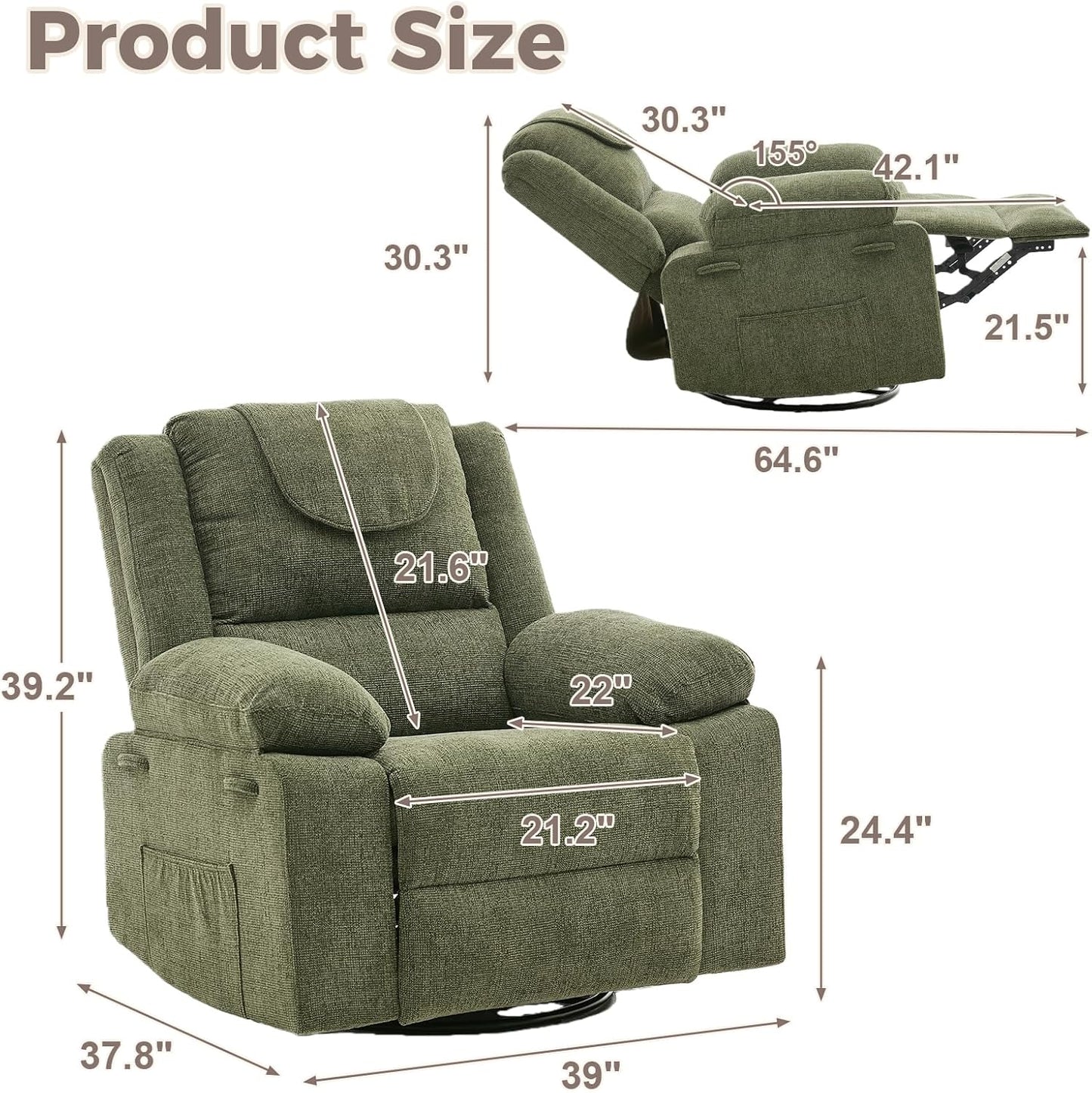 Adults Oversized Rocking Nursery Glider Recliner Chair,360° Swivel Rock Recliner Chairs Single Sofa with Vibration Massage and Heating for Living Room/Bedroom,Blue