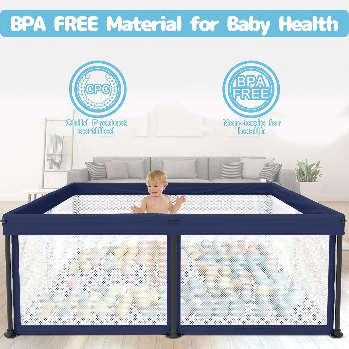 TOREVSIOR Foldable Baby Playpen with Mat, 50"×50" Collapsible Play Pen for Babies and Toddlers, Indoor & Outdoor Kids Safety Play Pen, Portable Play Yard, Foldable Baby Playpen with 50 Ocean Balls