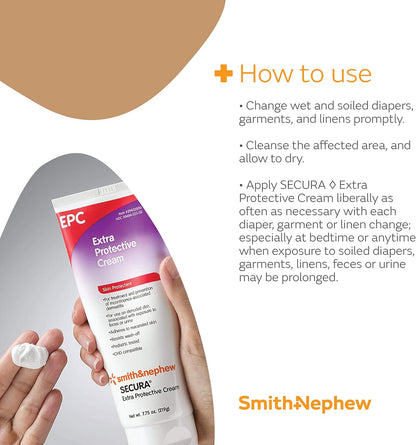 Smith+Nephew SECURA Extra Protective Cream (EPC) Tube, Diaper Rash Cream for Adults, Incontinence Skin Protectant, 3.25 Ounces White