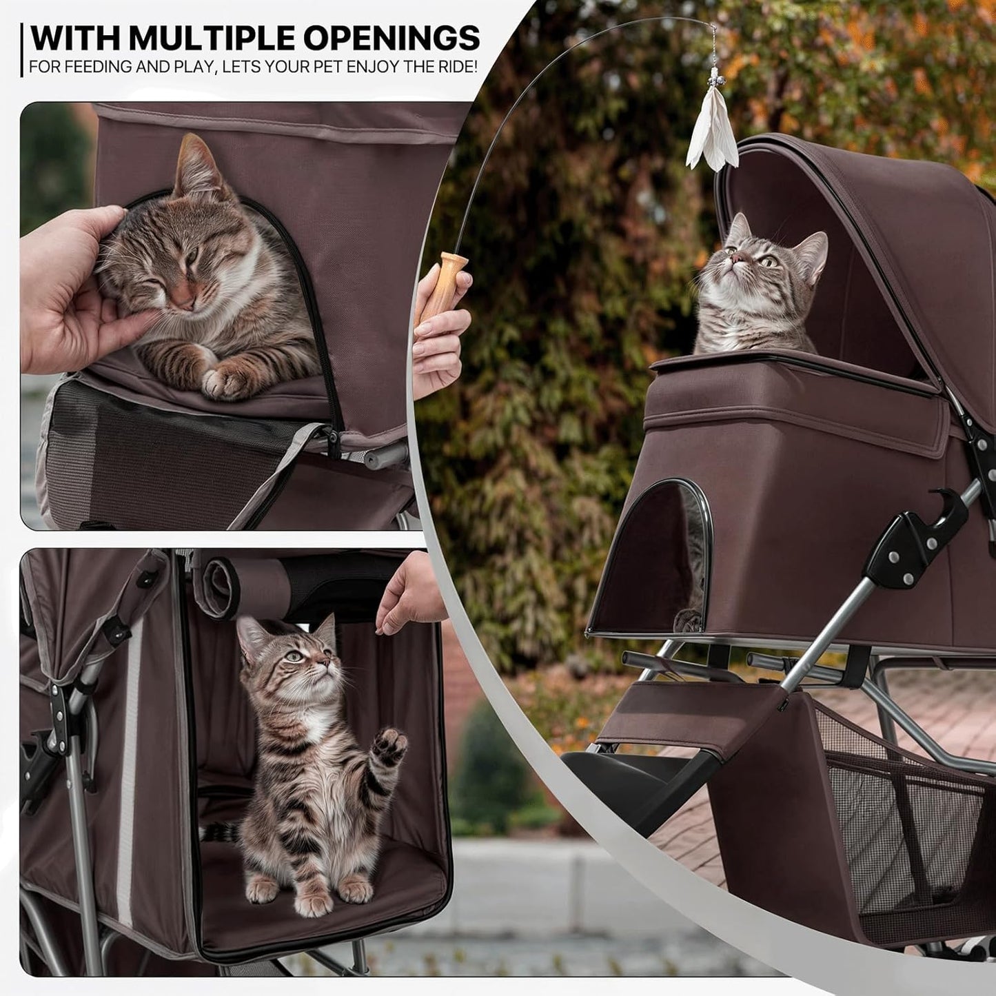 MoNiBloom Foldable Pet Stroller with Weather Cover, 3 Wheels Pet Strolling Cart for Small/Medium Dogs and Cats with Storage Basket and Cup Holder, Breathable and Visible Mesh for All-Season, Black