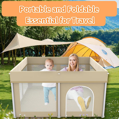 Foldable Large Baby Playpen 71"×71", Portable Playard for Babies & Toddlers, Lightweight Safety Baby Fence, No Installation, Indoor & Outdoor Playpen with 150 Ocean Balls, Beige