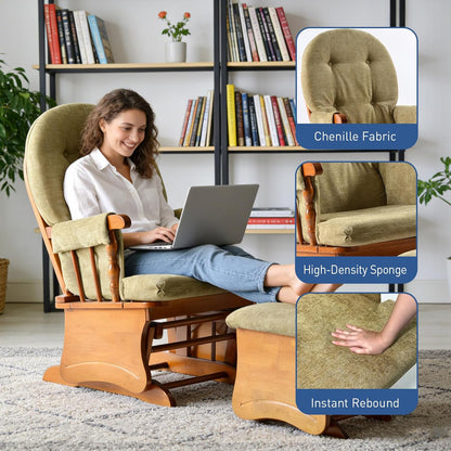 Rustic Rubber Wood Glider and Ottoman Set, Nursery Glider Chair for Breastfeeding and Relaxing, Comfortable Rocking Chair for Living Room and Bedroom（Tan）