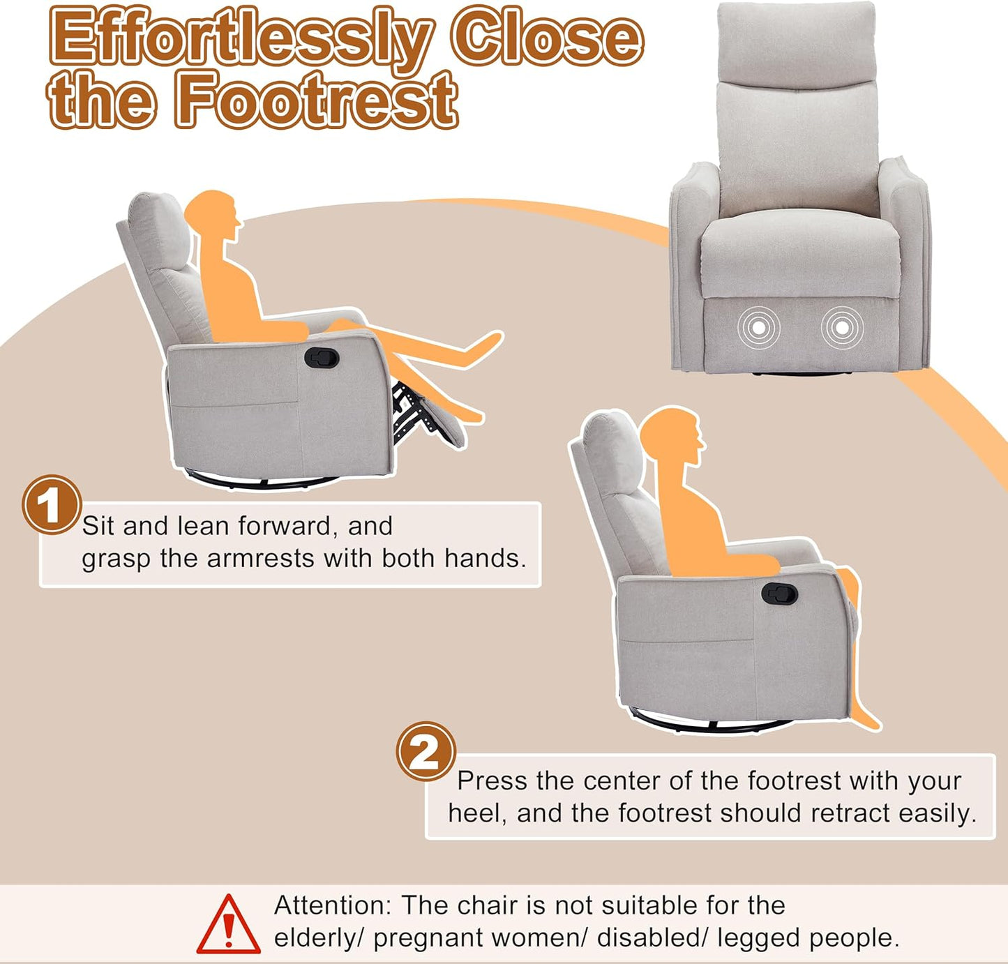Manual 360° Swivel Rocker Recliner Chair for Adults, Overstuffed Glider Chair for Nursery with Vibration Massage and Heat, Comfy Soft Fabric Glider with Side Pockets for Living Room, Beige