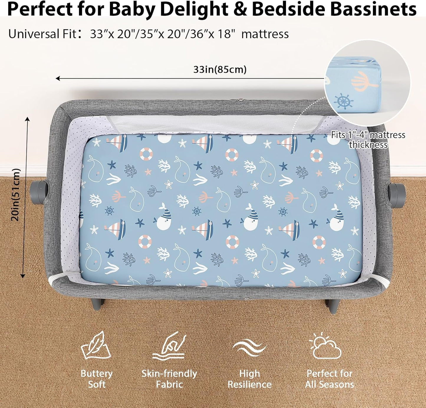 Baby Bedside Bassinet Sheets Girl, 33”x20” Compatible with Baby Delight Dream On Me & Most Rectangle Bedside Sleeper Bassinet Mattress, Super Soft Microfiber Pink Butterfly Flower