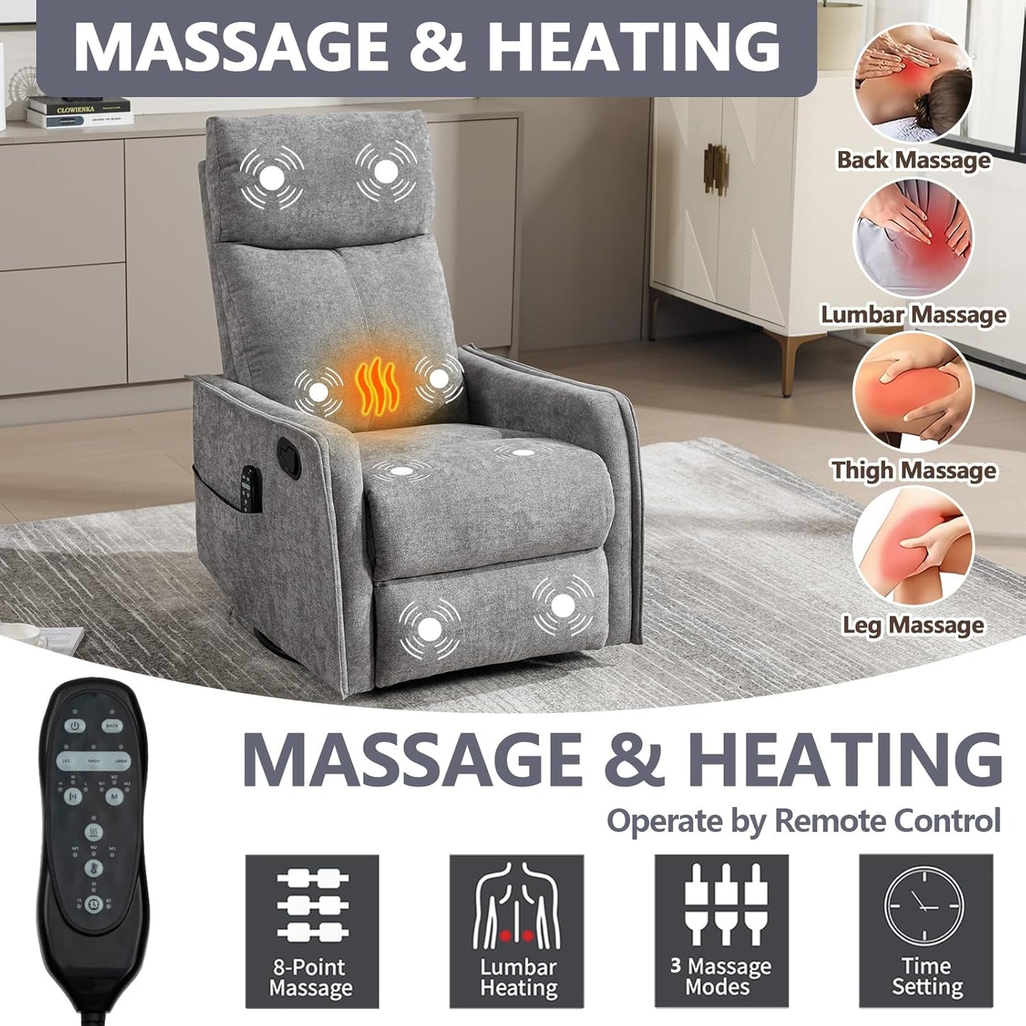 Massage Chair Recliner with Heat, Swivel Rocking Chair Recliner with High Back, Manual Nursery Recliners for Adults,Small Recliner Chair for Small Spaces, Living Room Bedroom, Fabric (Blue Green)