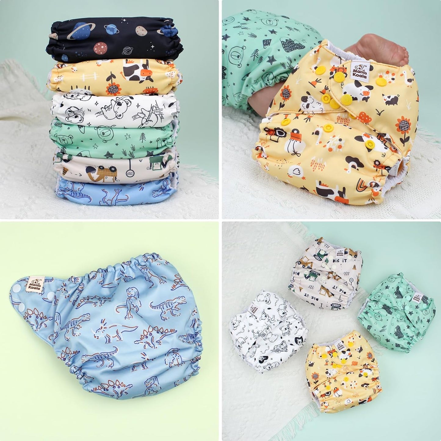 Mama Koala 3.0 Pocket Cloth Diapers for Babies with AWJ Lining, 6 Pack with 6 4-Layer Natural Cloth Diaper Inserts - Reusable and Washable Pocket Diapers(Hardworking Bees) - Colors B