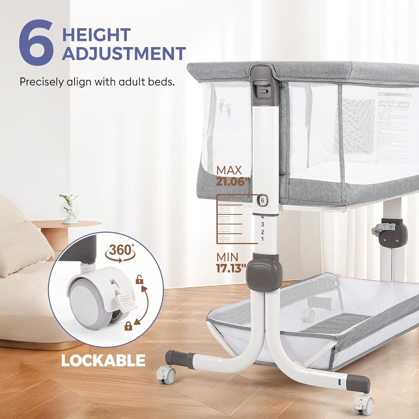 MOMFANN Baby Bassinet Bedside Sleeper, Upgraded Stability Bedside Crib with Full Mesh Sides, Soft Sheet, 6-Height Adjustment, Storage Basket, Easy Folding Portable Bassinet for Newborns, Gray