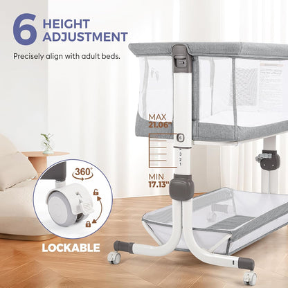 MOMFANN Baby Bassinet Bedside Sleeper, Upgraded Stability Bedside Crib with Full Mesh Sides, Soft Sheet, 6-Height Adjustment, Storage Basket, Easy Folding Portable Bassinet for Newborns, Gray