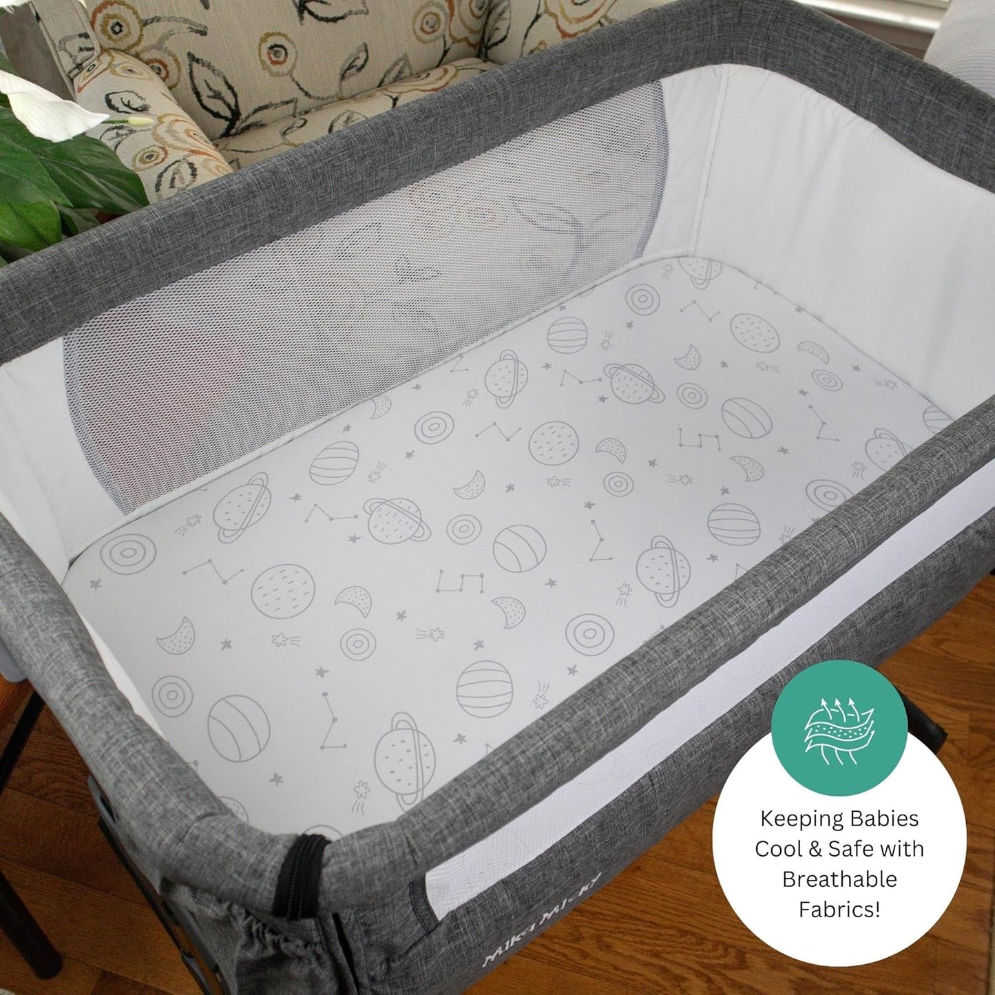 Bassinet Sheets for Papablic, CoZee, Cowiewie, Ezebaby, Nawahev Baby Bassinet Bedside Sleeper by TansyPanda, 3PC, 33x20, Ultra Soft, Breathable Snug Fit, Unisex Boys Girls, Gray White (Space Rockets)