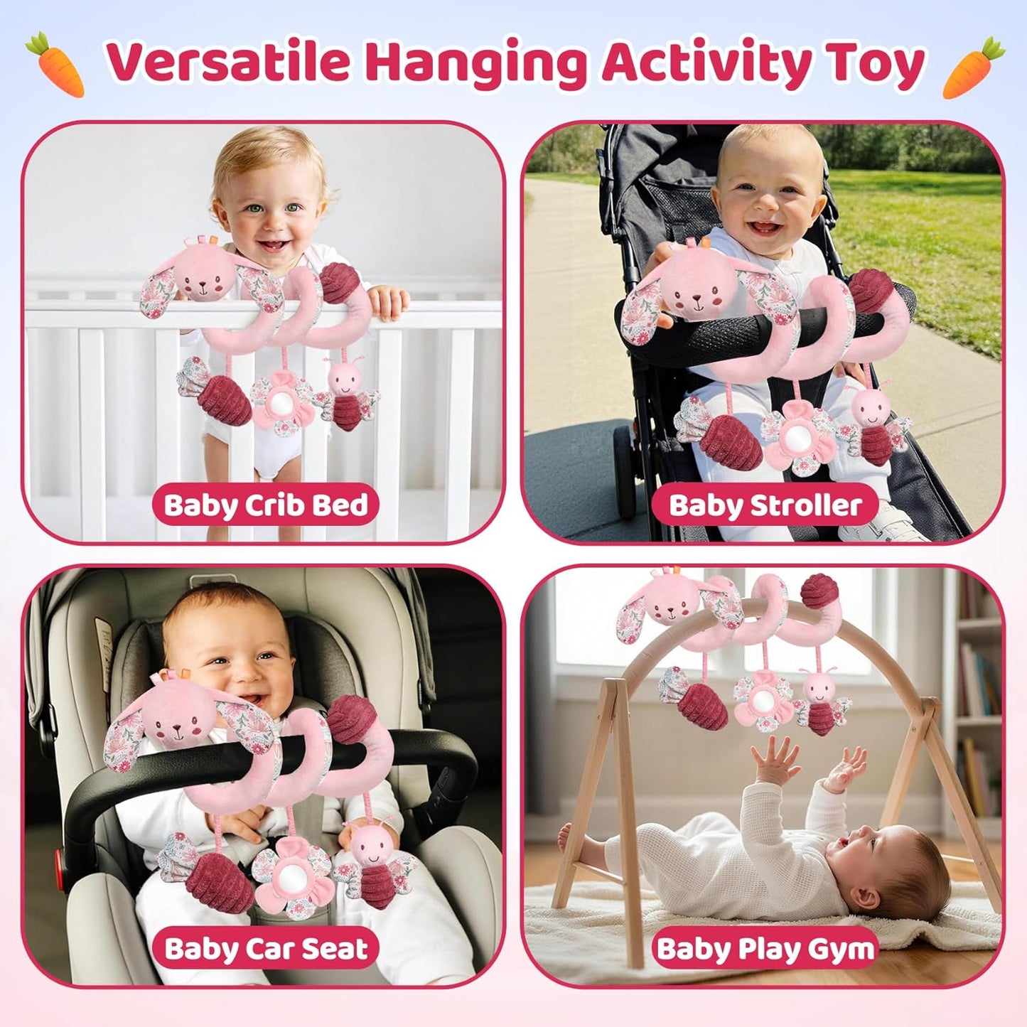 USATDD Car Seat Toys for Babies, Spiral Hanging Toys Stroller Activity Toys, Pink Sensory Baby Plush Carseat Toys 3 Month Baby Toys Newborn Essentials for 0 3 6 12 Months