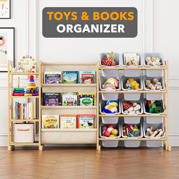 SpaceAid 3-in-1 Toy Storage Organizer with 4 Shelves and 12 Bins, Toy Organizers Storage 3-Tier Bookshelf, Kids Bin Shelf Box Bookcase for Bedroom Playroom Organization Room Decor, Neutral Gray