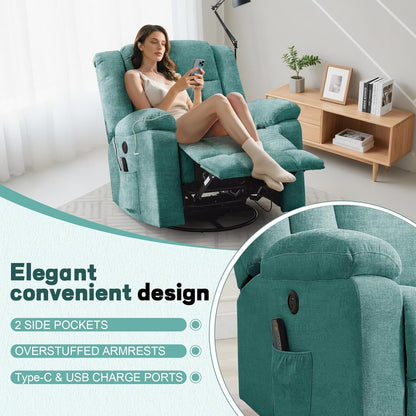 Korser Rocker Recliner, Glider Recliner Chairs for Adults, 360° Swivel Rocking Chair with Massage and Heating, Nursery Chair with Storage and USB Charging for Living Room, Bedroom, Nursery