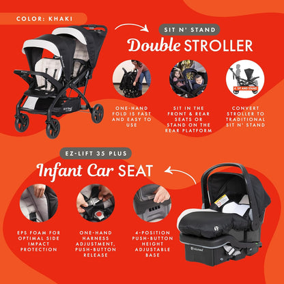 Baby Trend Sit N' Stand Tandem Double Stroller 2.0 DLX and EZ-Lift Plus Car Seat Set with 5 Point Safety Harnesses and Cozy Cover, Modern Khaki