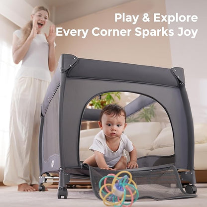 Pamo Babe 7 in 1 Pack and Play, Bassinet, Portable Crib, Diaper Changer, Magic Fold™ Quick Setup Playard with Mattress, Mosquito Net, Zipper Door, Toy Arch for Newborn to Toddler