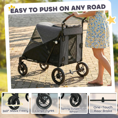 PawHut Dog Stroller for Large Dogs, One-Click Folding 4 Wheel Large Pet Stroller Wagon for Multiple Pets, All Terrain Spring Suspension w/ 8-Position Adjustable Handle, Mesh Window, Up to 66 LBS, Teal