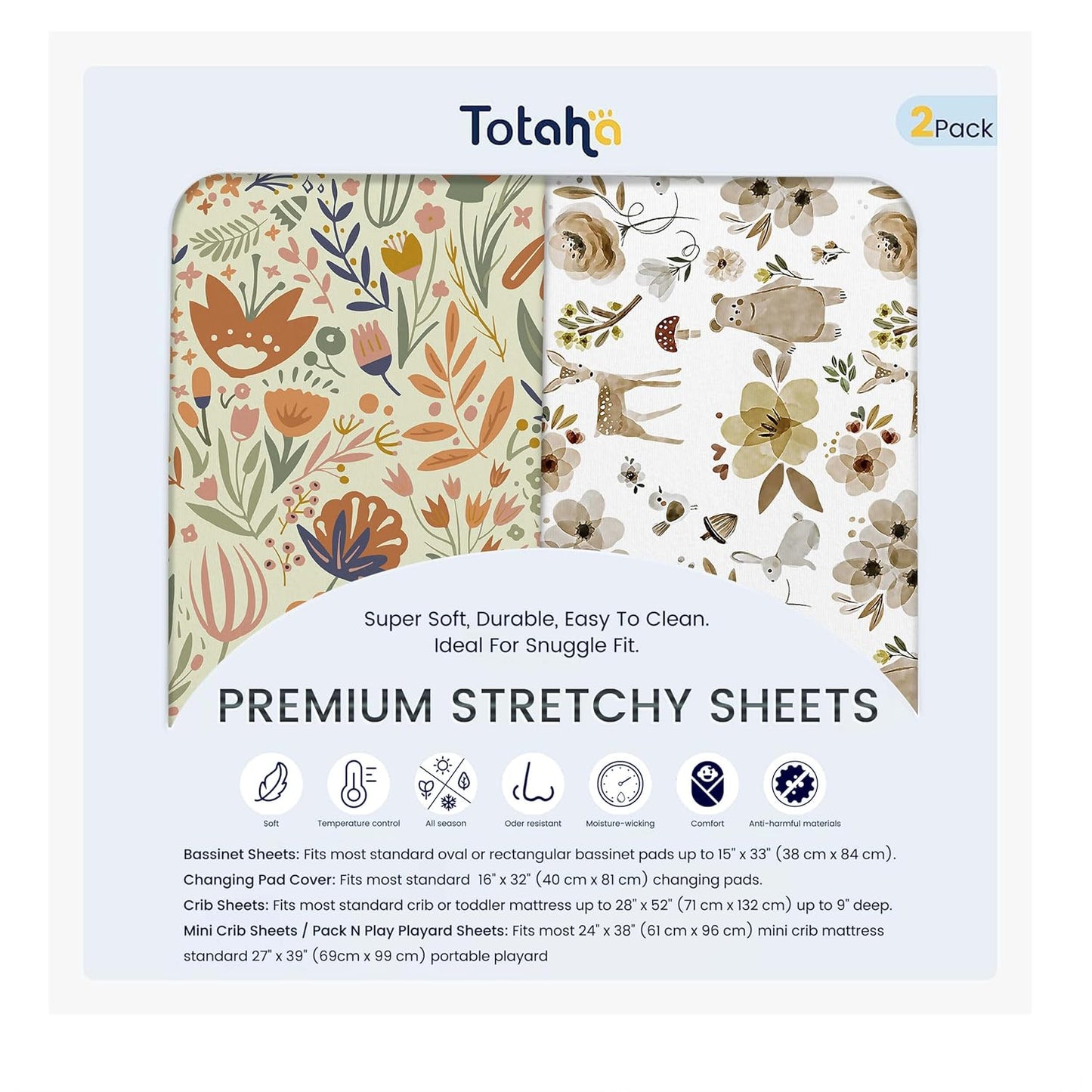 TotAha Premium Stretchy Bassinet Sheets for Baby Girl, Silky Comfort Cradle Sheets Fitted 18 x 36 for Oval, Rectangular, Hourglass Mattress, Hypoallergenic, Buttery Soft 2-Pack (Floral & Pale Pink)
