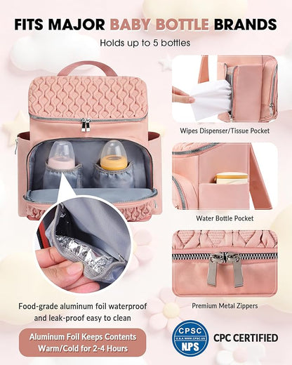 Diaper Bag Backpack, Large Baby Bag for Girl Boy, Travel Diaper Backpack with Insulated Pocket, Cute Diaper Bag Stroller Straps, Baby Shower & Registry Gift for Mom Dad Pink