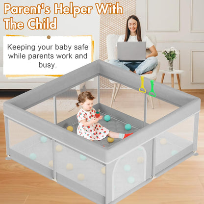 Omzer Baby Playpen with Mat 71"×59" - Extra Large Playpen for Babies and Toddlers with Mat Included, Safety Playard for Baby with Gate, All-Wrapped Soft Sponge Baby Gate Playpen with Stable Mat Velcro