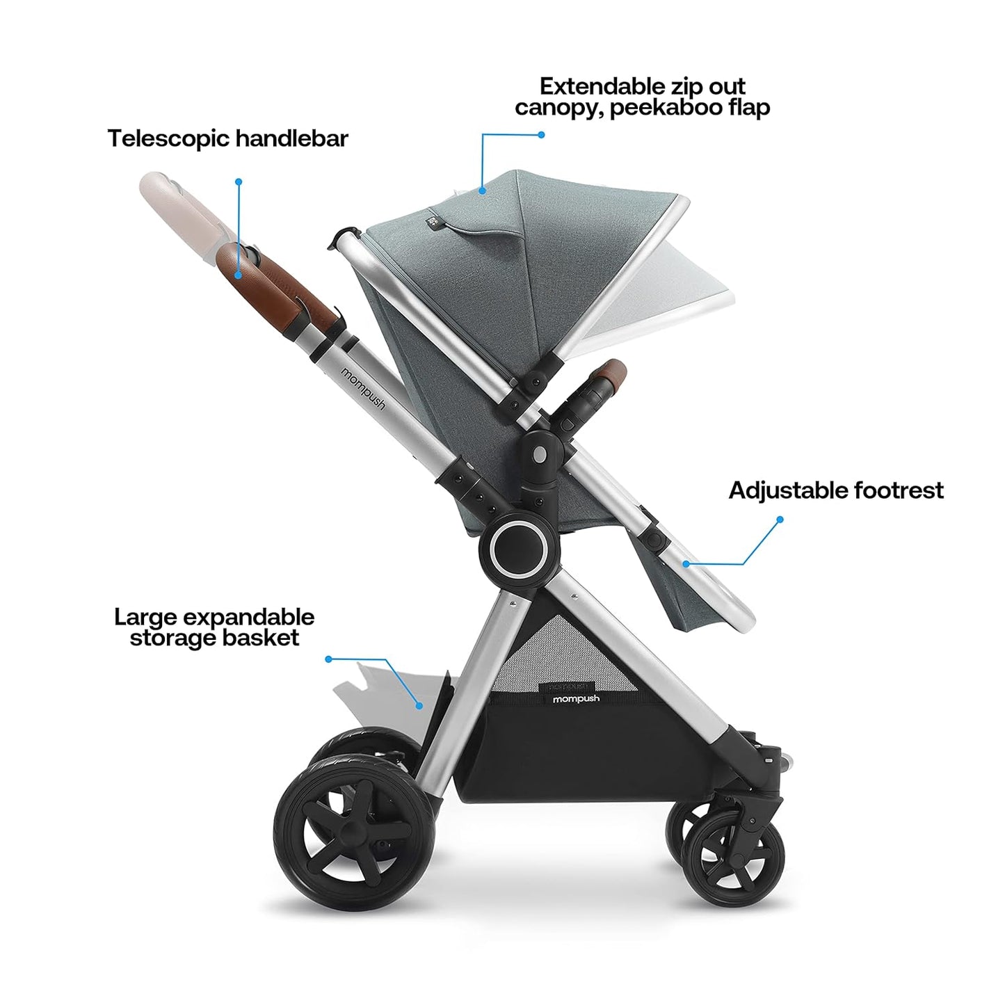 Mompush Ultimate2 Baby Stroller, Premium Convertible Full-Size Stroller for Toddler, Reversible Seat with One Hand Recline Adjustment, Car Seat Adapter Included