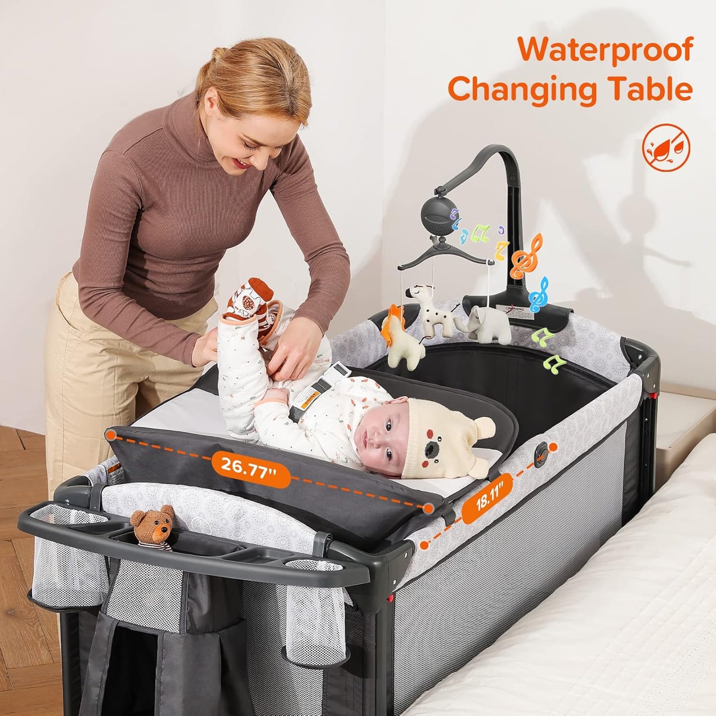 ELEMARA Wide Baby Bassinet Bedside with Diaper Changer,Long Next to Bed Crib with Mattress,Sheet,Music, Playpen Travel Bed with Storage (3 in 1 Baby Bassinet, 3 in 1 Full)