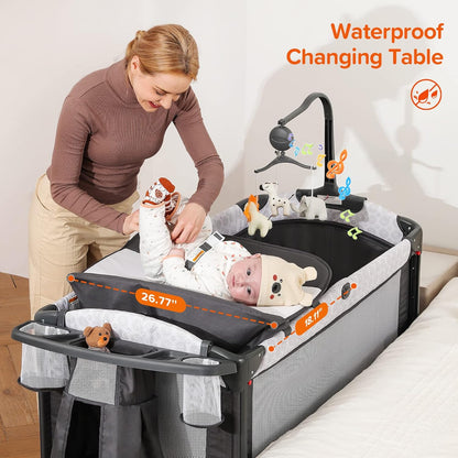 ELEMARA Wide Baby Bassinet Bedside with Diaper Changer,Long Next to Bed Crib with Mattress,Sheet,Music, Playpen Travel Bed with Storage (3 in 1 Baby Bassinet, 3 in 1 Full)