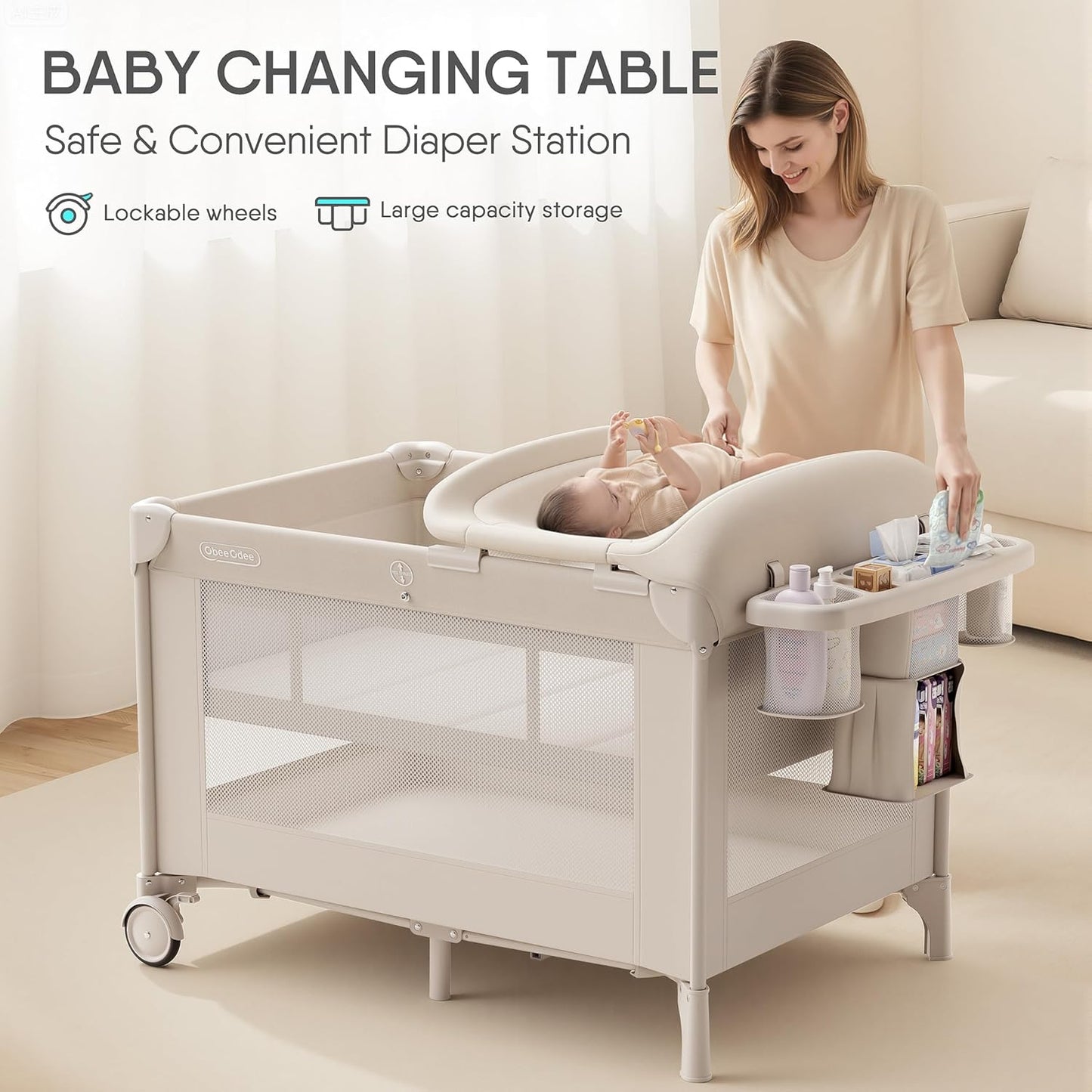 Obee Odee 4-in-1 Baby Bassinet with Playard, Napper Bassinet, Changing Table, Mosquito Net & Canopy, Storage and Toys for Newborn to Toddler