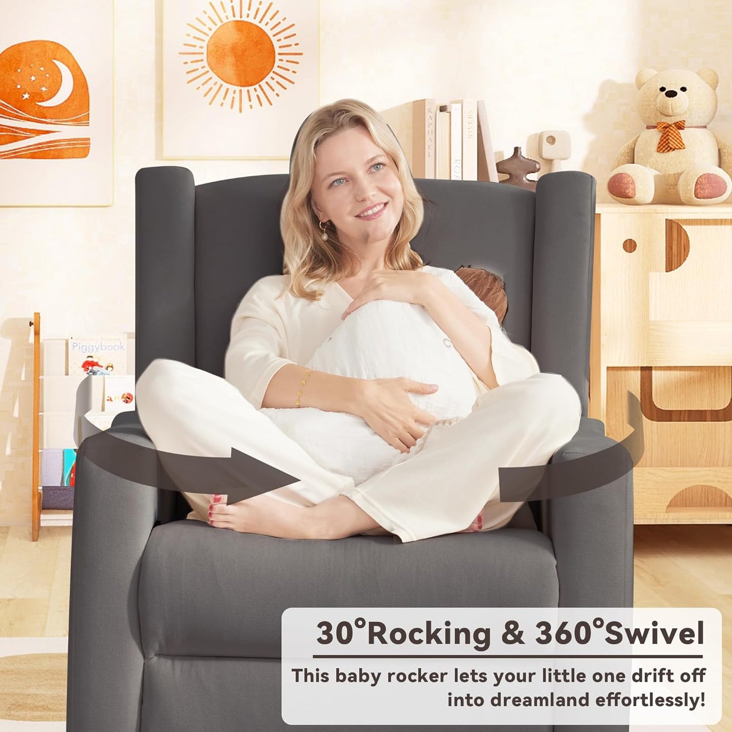 Tbfit Nursery Rocking Chair,360°Swivel Recliner Chair with Lumbar Support for Bedroom, Comfy Upholstered Armchair with Pillows & Footrest for Living Room & Baby Room