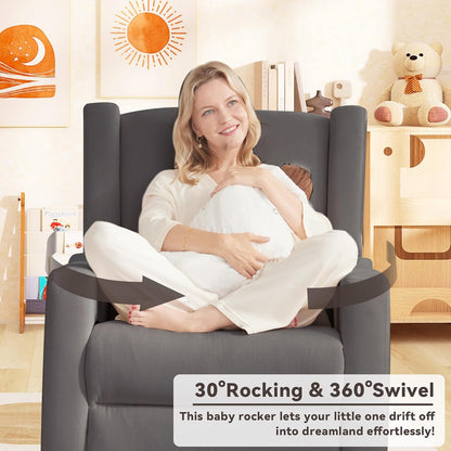 Tbfit Nursery Rocking Chair,360°Swivel Recliner Chair with Lumbar Support for Bedroom, Comfy Upholstered Armchair with Pillows & Footrest for Living Room & Baby Room