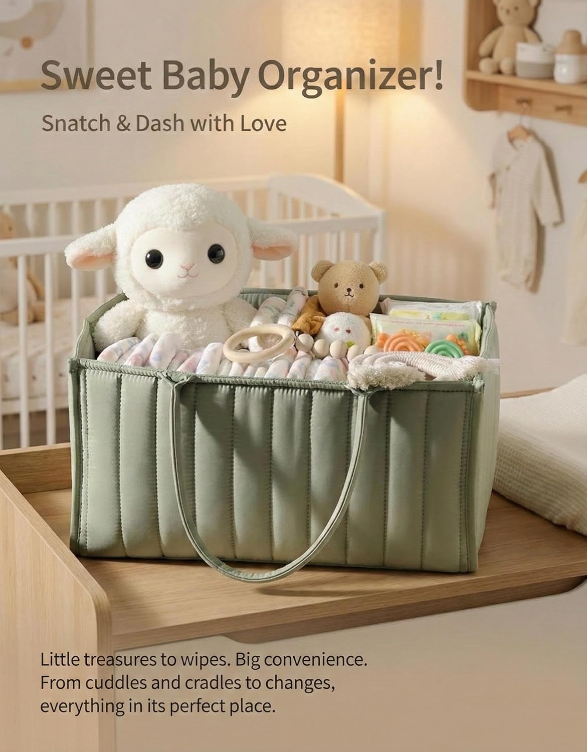 Baby Diaper Caddy Organizer-Large Nursery Storage Basket for Changing Table and Car - Portable Newborn Essentials & Wipes Bin - Gift for Baby Shower and Registry Must-Have (Forest Green)