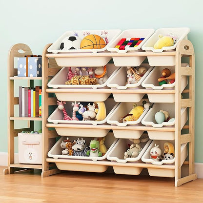Toy Storage Organizer, Wooden Toy Organizers and Storage with Bookshelf, Toy Storage Shelf with 3 Shelves and 12 Storage Bins, Kids Bookshelf for Playroom, Nursery, Bedroom, Bookcase for Kids, White