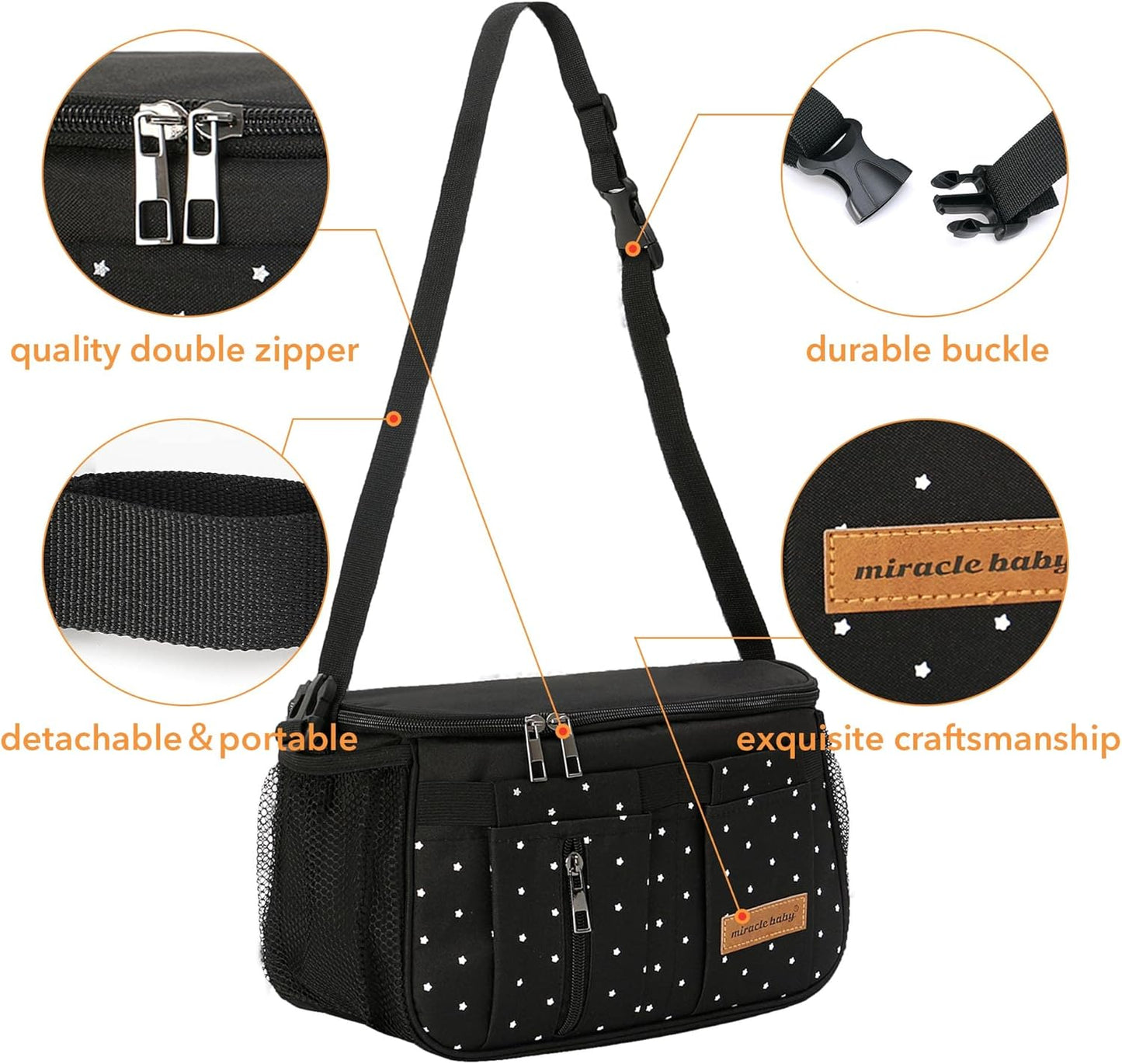 Miracle Baby Stroller Organizer Bag for Mom,Universal Stroller Storage Caddy Diaper Bag- Compatible with Most Stroller - Multifunctional Larg(Grey Star)