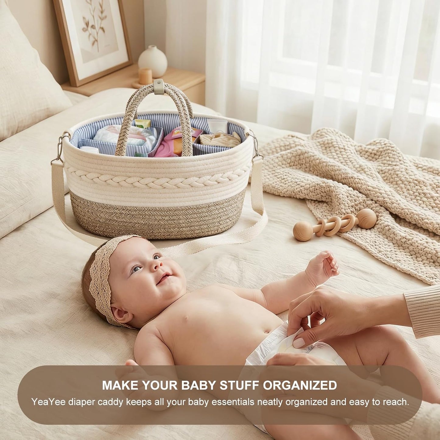 Baby Diaper Caddy Organizer, Portable Nursery Storage Basket with Changeable Compartments, 100% Cotton Woven Rope Baskets, Car & Changing Table Tote, Newborn Gift
