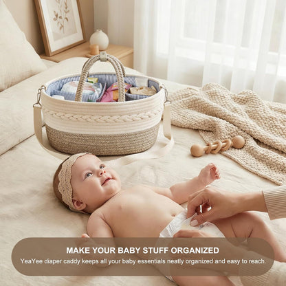 Baby Diaper Caddy Organizer, Portable Nursery Storage Basket with Changeable Compartments, 100% Cotton Woven Rope Baskets, Car & Changing Table Tote, Newborn Gift