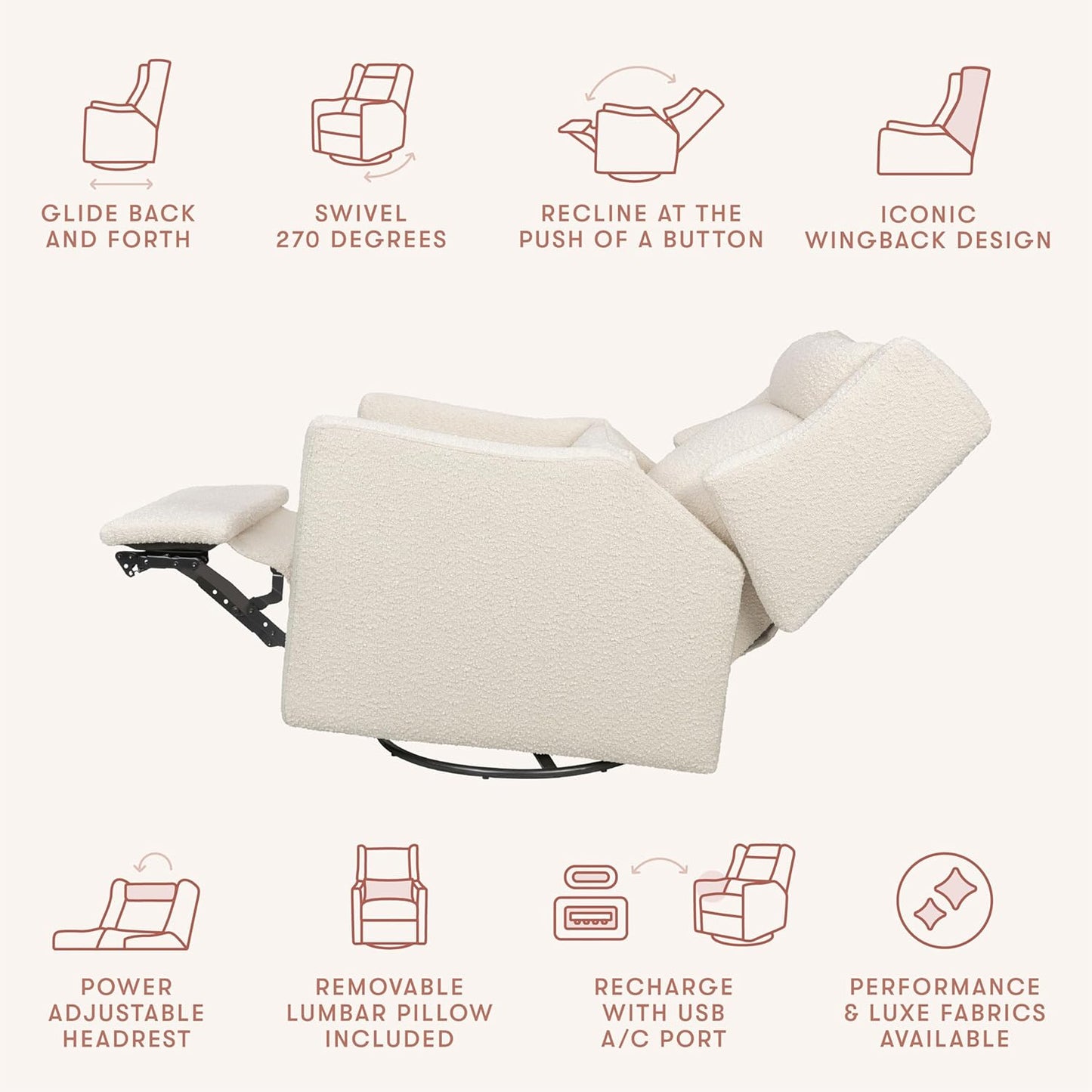 Kiwi Glider Recliner w/Electronic Control and USB | in Almond Teddy Loop w/Light Wood Base, Greenguard Gold Certified