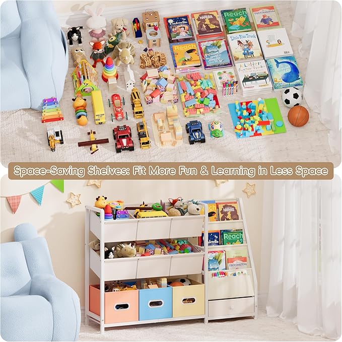 HAVLOTII Toy Storage Organizer - Kids Bookshelf and Toy Storage with 3 Book Shelf and 10 Storage Bins, Montessori Playroom Storage for Toddler, Baby, Book Shelf for Kids Rooms