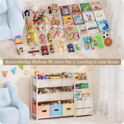 HAVLOTII Toy Storage Organizer - Kids Bookshelf and Toy Storage with 3 Book Shelf and 10 Storage Bins, Montessori Playroom Storage for Toddler, Baby, Book Shelf for Kids Rooms