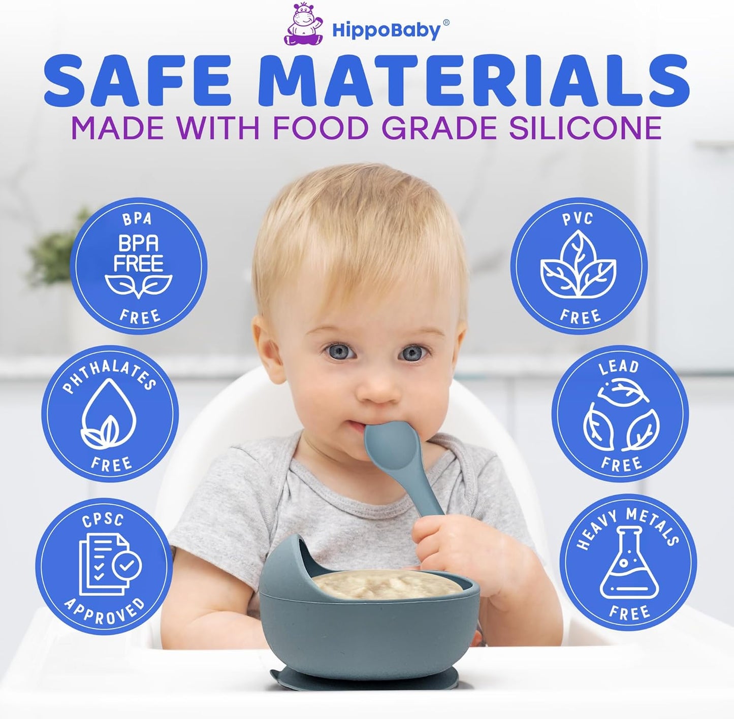 HippoBaby Baby Led Weaning Supplies | 10 Piece Silicone Baby Feeding Set | Baby Toddler Bib Cup Divided Plate and Bowl Self Feeding Spoons Dish Set | Baby Utensils | Toddler Feeding Supplies (Sky)