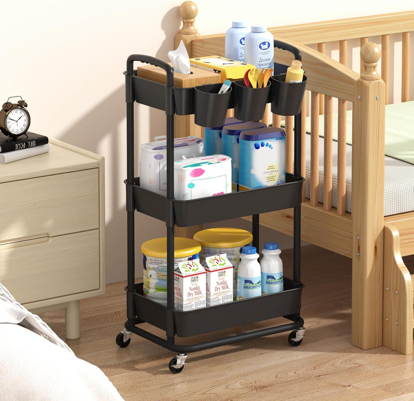 3-Tier Baby Diaper Caddy Organizer Cart with Locking Wheels & Hanging Cups - Rolling Storage Cart for Nursery, Changing Table, Baby Essentials,White