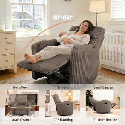Oversized Swivel Rocking Chair, Manual Large Rocker Recliner Chairs for Adults, Corduroy Nursery Glider Barrel Chair with 2 Pillows, Wide Recliner for Living Room, Bedroom, Nursery, White