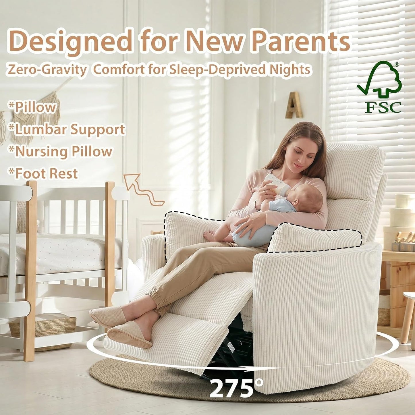 Oversized Swivel Rocking Chair, Manual Large Rocker Recliner Chairs for Adults, Corduroy Nursery Glider Barrel Chair with 2 Pillows, Wide Recliner for Living Room, Bedroom, Nursery, White