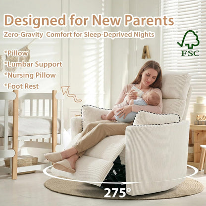 Oversized Swivel Rocking Chair, Manual Large Rocker Recliner Chairs for Adults, Corduroy Nursery Glider Barrel Chair with 2 Pillows, Wide Recliner for Living Room, Bedroom, Nursery, White