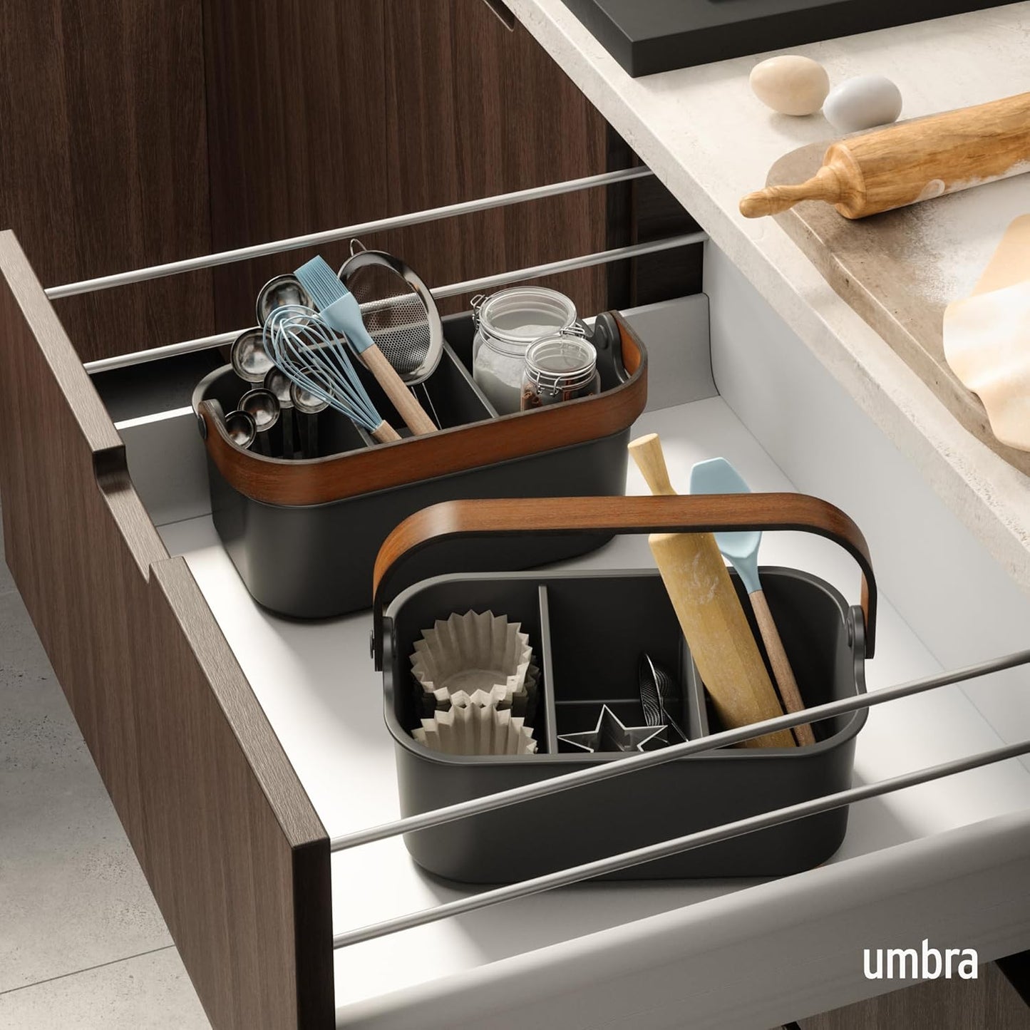 Umbra Bellwood Stackable Bin, 14" x 10" Durable Lightweight Container with Wooden Handle and Removable Dividers, Black/Walnut