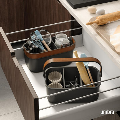 Umbra Bellwood Stackable Bin, 14" x 10" Durable Lightweight Container with Wooden Handle and Removable Dividers, Black/Walnut
