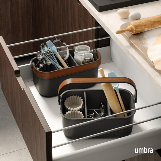 Umbra Bellwood Stackable Bin, 14" x 10" Durable Lightweight Container with Wooden Handle and Removable Dividers, Black/Walnut