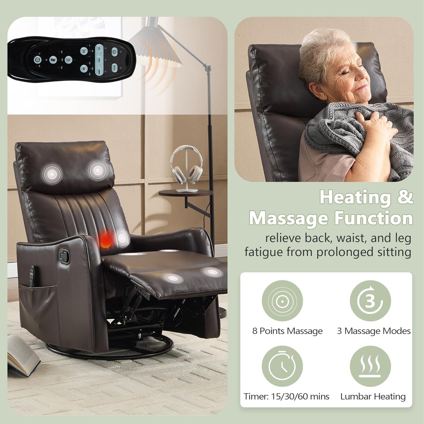 cinkehome Swivel Rocker Recliner, Glider Rocker Recliner Chair for Nursery, Manual Reclining Chair with Heated Massage, Small Spaces, Living Room, Khaki Chenille