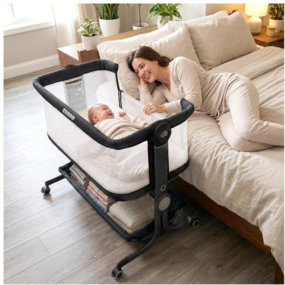 KRIDDO 2-in-1 Baby Bassinet for Infant, Bedside Bassinet with All-around Breathable Mesh, Lockable Wheels, Adjustable Height and Incline, Bedside Sleeper for Baby with Large Storage Basket, Light Grey