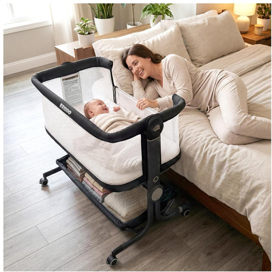 KRIDDO 2-in-1 Baby Bassinet for Infant, Bedside Bassinet with All-around Breathable Mesh, Lockable Wheels, Adjustable Height and Incline, Bedside Sleeper for Baby with Large Storage Basket, Light Grey