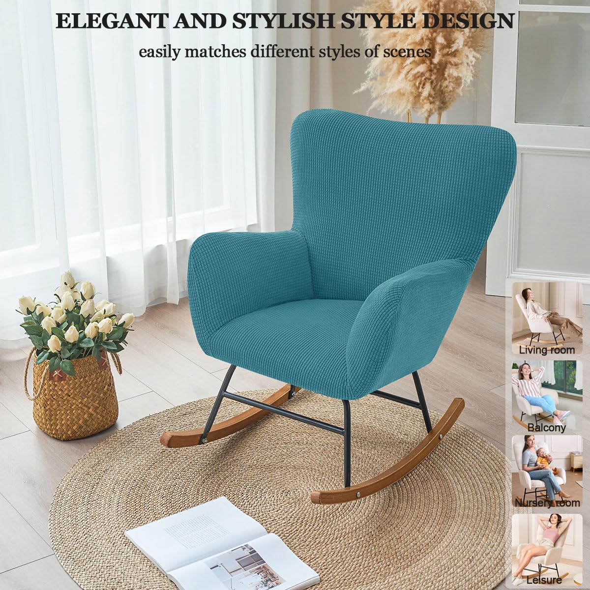 Levoberg Nursery Rocking Chair Cover Stretch Rocker Glider Chairs Cover Slipcovers Jacquard Rocking Accent Chair Cover Recliner Armchair Slipcover for Nursery Living Room Bedroom Office Black