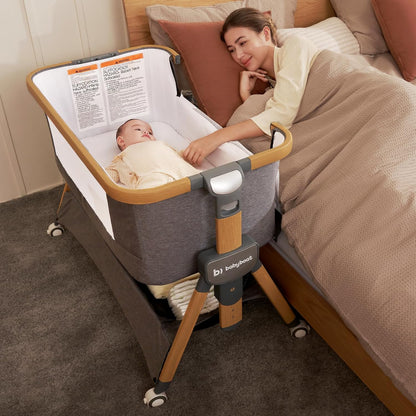 babyboat Baby Bassinet Bedside Sleeper 3 in 1 Collapsible Portable Crib with Storage Basket, Movable Wheels 5 Height Adjustable Co-Sleeper for Newborns - Grey | Soft Mattress, Collapsible Portable